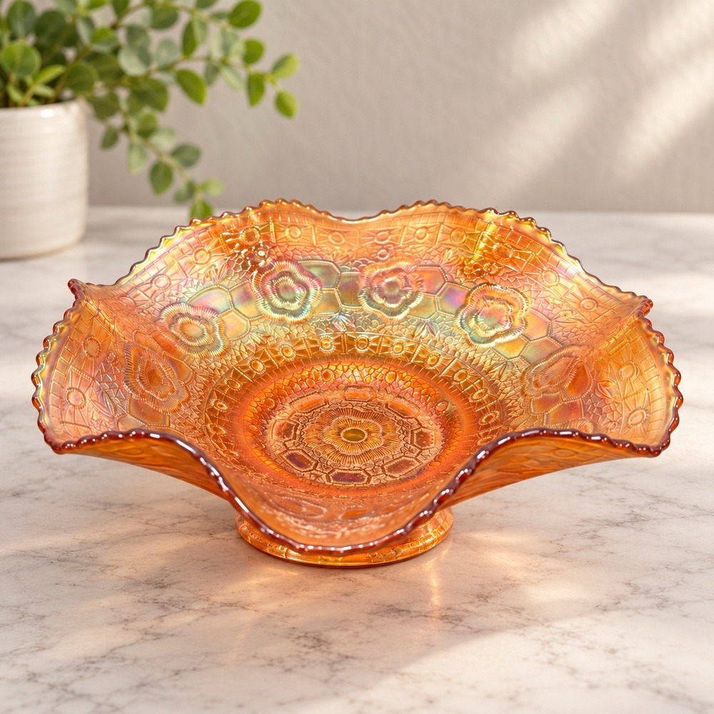 Vintage Marigold Carnival Glass Ruffled Bowl Iridescent Floral Pattern 8.5"